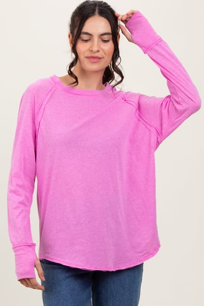 Zenana Outfitters Pink Heather Exposed Seam Long Sleeve Top
