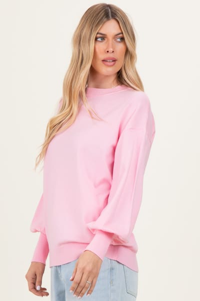 Vine & Love Light Pink Fine Knit Balloon Sleeve Sweater