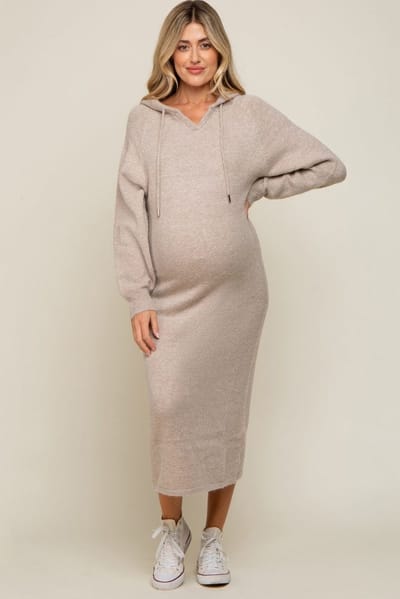 PinkBlush Beige Hooded Maternity Sweater Midi Dress