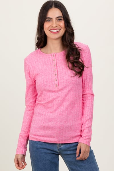 Zenana Outfitters Fuchsia Ribbed Knit Button Long Sleeve Top