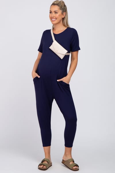 Hello Miz Navy Blue Basic Short Sleeve Maternity Jumpsuit