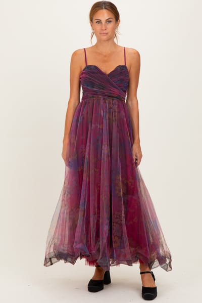 Rosevelvet Magenta Floral Mesh Tulle Overlay Maxi Dress