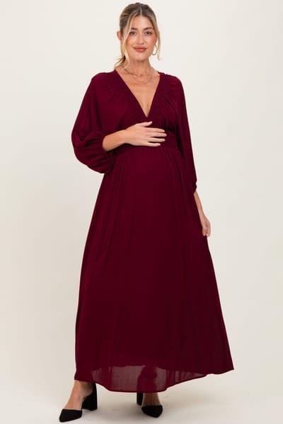 PinkBlush Burgundy Solid Long Sleeve V-Neck Smocked Detail Maternity Maxi Dress
