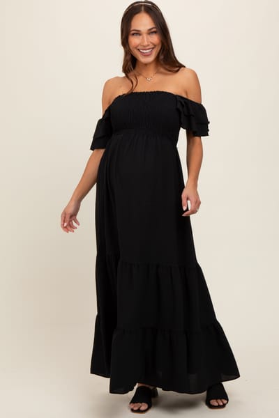 PinkBlush Black Smocked Ruffle Off Shoulder Tiered Maternity Maxi Dress