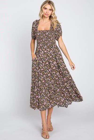 Elloh Pink Floral Smocked Puff Sleeve Midi Dress