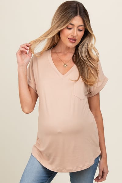 PinkBlush Beige V-Neck Pocket Short Sleeve Maternity Shirt