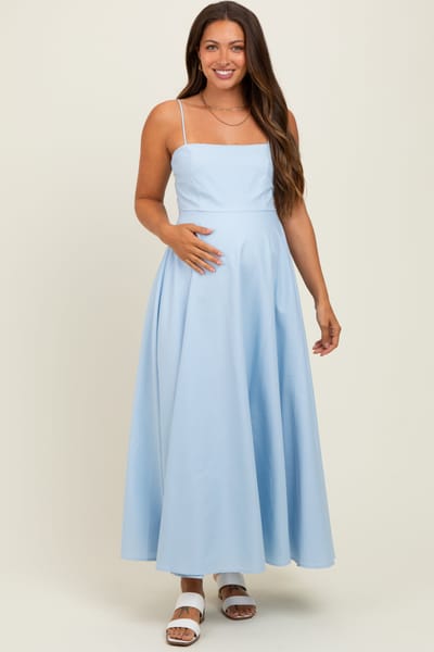 Klesis Light Blue Linen A-Line Flared Maternity Midi Dress