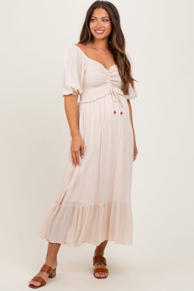 PinkBlush Taupe Smocked Cinched Front Maternity Maxi Dress