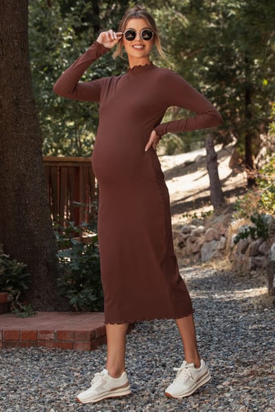 PinkBlush Brown Ruffle Mock Neck Long Sleeve Maternity Midi Dress