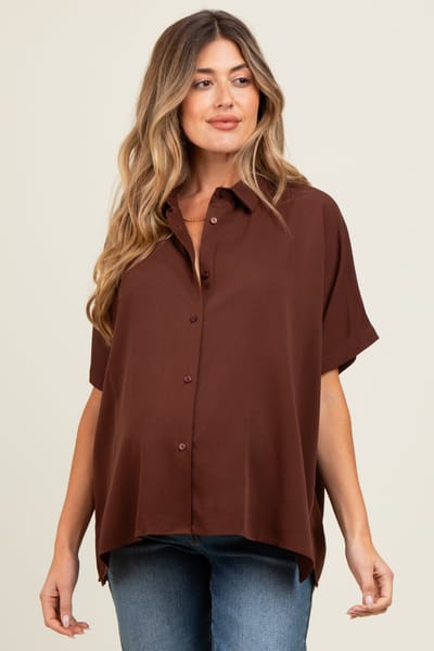 PinkBlush Brown Dolman Sleeve Button Down Maternity Blouse
