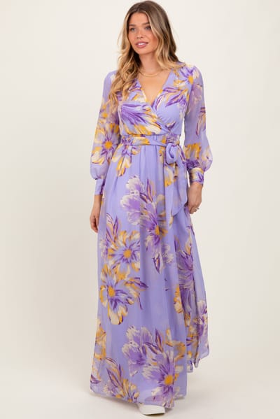 Ricarica Lavender Floral Chiffon Sash Tie Wrap Maxi Dress