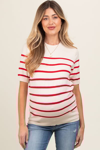 Vine & Love Red Striped Knit Maternity Short Sleeve Top