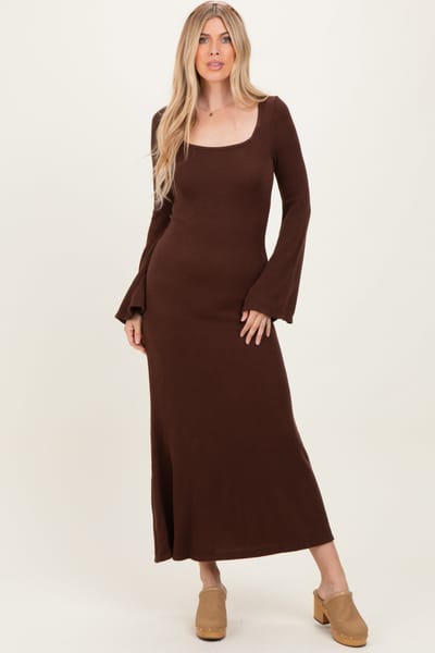 Rhea + Thea Brown Solid Ribbed Long Sleeve Square Neck Maxi Dress