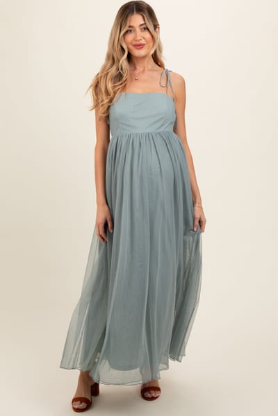 Listicle Green Square Neck Shoulder Tie Tulle Maternity Maxi Dress
