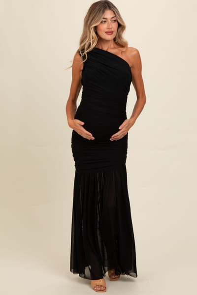 PinkBlush Black Ruched Mesh One Shoulder Maternity Maxi Dress