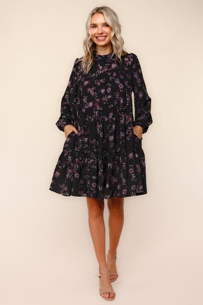 Haptics Black Floral Tiered Long Sleeve Dress