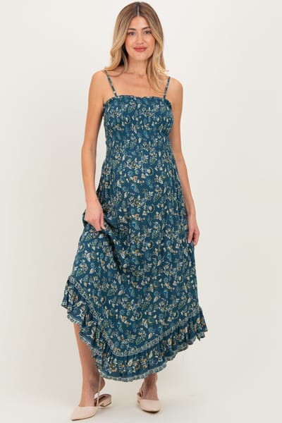 Angie Deep Teal Floral Smocked Handkerchief Hem Maternity Dress