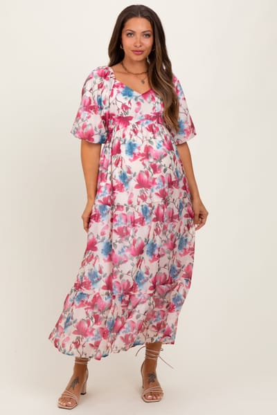 Polagram Pink Floral Tiered Puff Sleeve Maternity Midi Dress