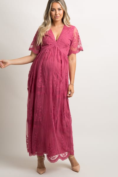 Vanilla Bay PinkBlush Magenta Lace Mesh Overlay Maternity Maxi Dress