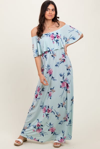 Hello Miz Mint Off Shoulder Floral Ruffle Maxi Dress