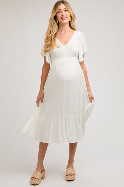 In Loom Ivory Smocked Ruffle Maternity Dress