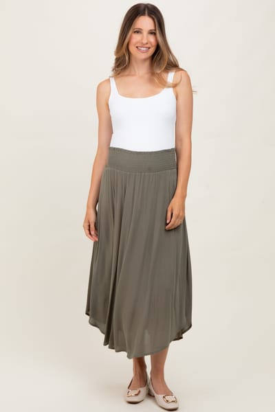 Final Touch Olive Smocked Waist Rounded Hem Maternity Skirt