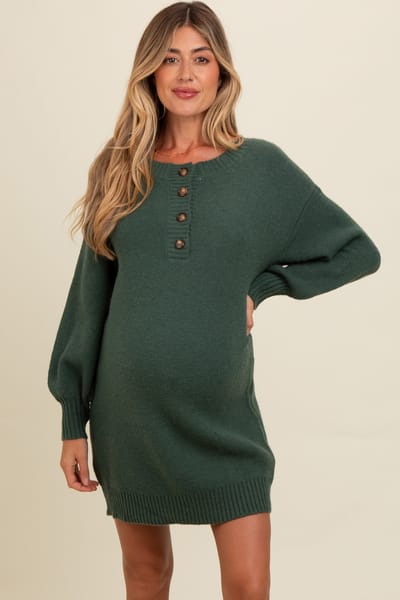 PinkBlush Forest Green Half Button Up Maternity Mini Sweater Dress