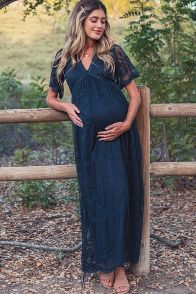 PinkBlush PinkBlush Navy Blue Lace Mesh Overlay Maternity Maxi Dress