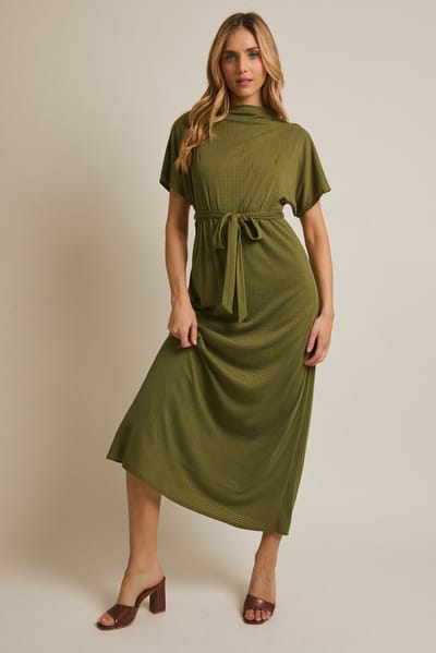 Gilli Olive Plaid Draped Neckline Sash Tie Maxi Dress