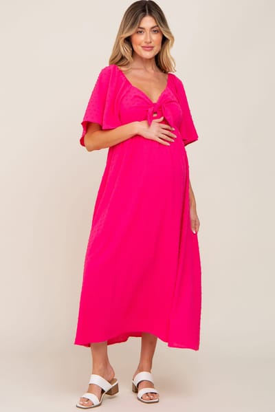 PinkBlush Fuchsia Textured Dot Front Tie Ruffle Sleeve Maternity Midi Dress