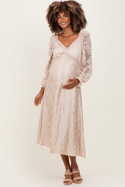 PinkBlush Cream Lace Jacquard Long Sleeve Maternity Midi Dress