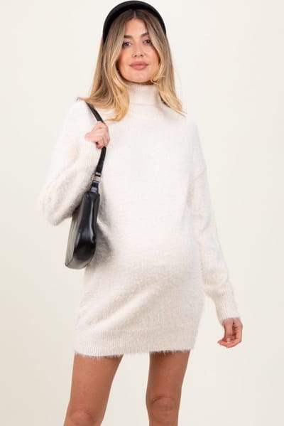 PinkBlush Cream Fuzzy Knit Turtleneck Maternity Sweater Mini Dress