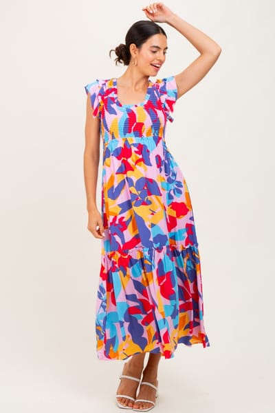 Lime N Chili Multi-Color Smocked Ruffle Midi Dress