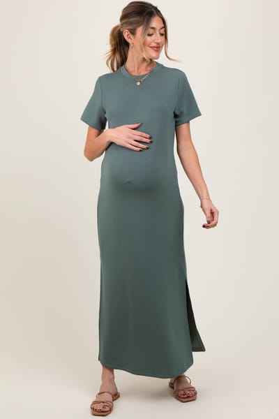 PinkBlush Light Olive Basic Side Slit Short Sleeve Maternity Midi Dress