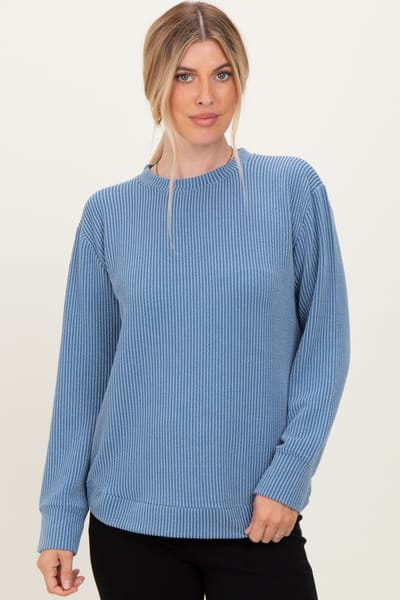 Zenana Outfitters Dusty Blue Textured Rib Crew Neck Long Sleeve