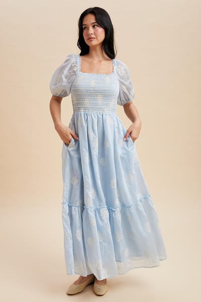 In Loom Light Blue Embroidered Floral Smocked Maxi Dress