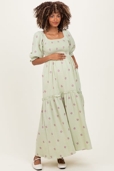 J.NNA Mint Floral Smocked Puff Sleeve Maternity Maxi Dress