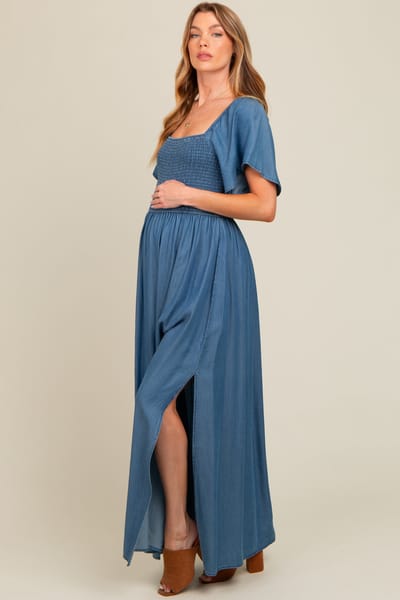 ZiA Apparel Blue Chambray Smocked Maternity Maxi Dress