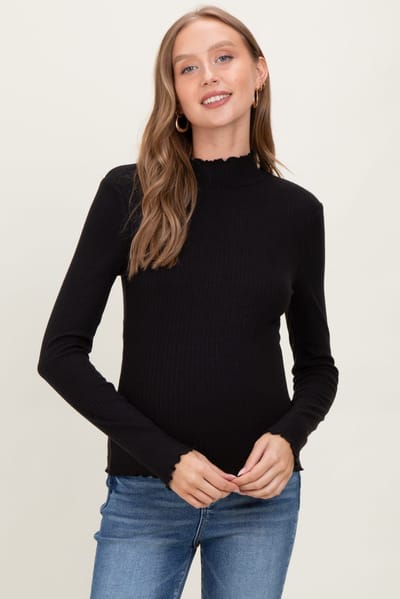 PinkBlush Black Lettuce Edge Mock Neck Long Sleeve Rib Maternity Top