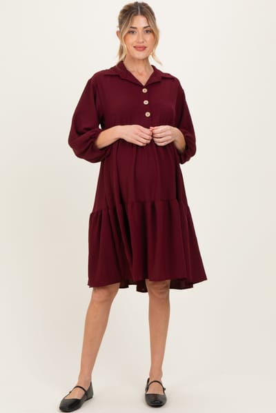 Rhea + Thea Burgundy Long Sleeve Button Down Collared Tiered Maternity Dress