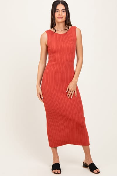 MIOU MUSE Coral Sleeveless Ribbed Maxi Dress