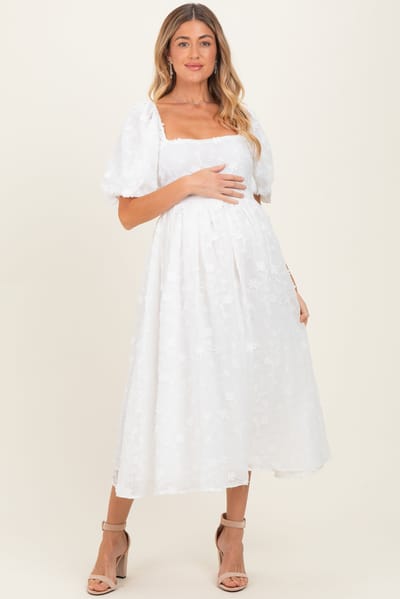 PinkBlush Ivory Embroidered Floral Puff Sleeve Maternity Midi Dress