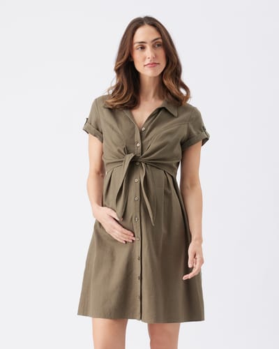 Ripe Maternity Colette Tie Up Linen Dress Olive