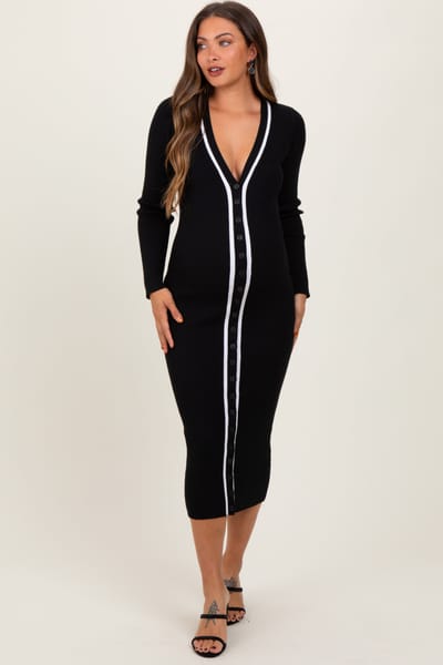 Rhea + Thea Black Knit Contrast Stripe Button Down Maternity Dress