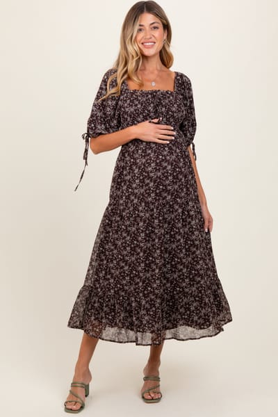 PinkBlush Dark Brown Floral Smocked Sleeve Tie Maternity Midi Dress