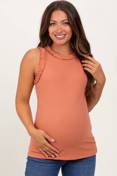 Doe & Rae Peach Rib Knit Ruffle Trim Sleeveless Maternity Top