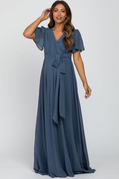 PinkBlush Blue Chiffon Short Sleeve Maternity Maxi Dress