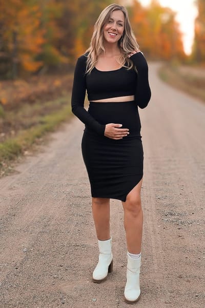 PinkBlush Black Ribbed Maternity Crop Top Midi Skirt Set