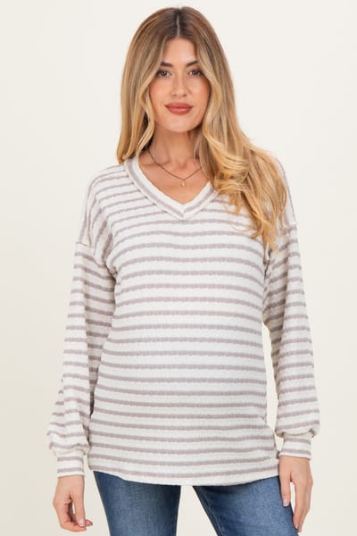 PinkBlush Cream/Taupe Long Puff Sleeve V-Neck Striped Maternity Top