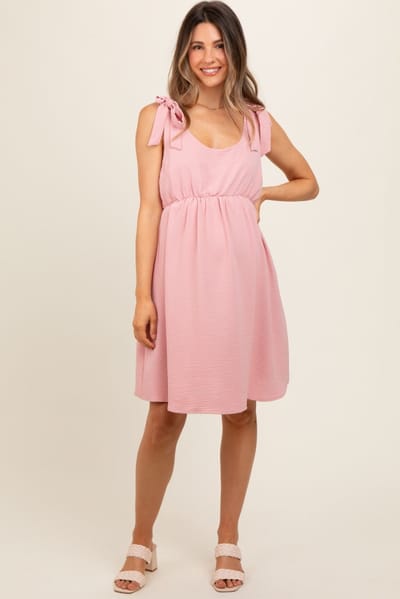 Hello Miz Pink Solid Tie-Shoulder Scoop Neck Maternity Dress
